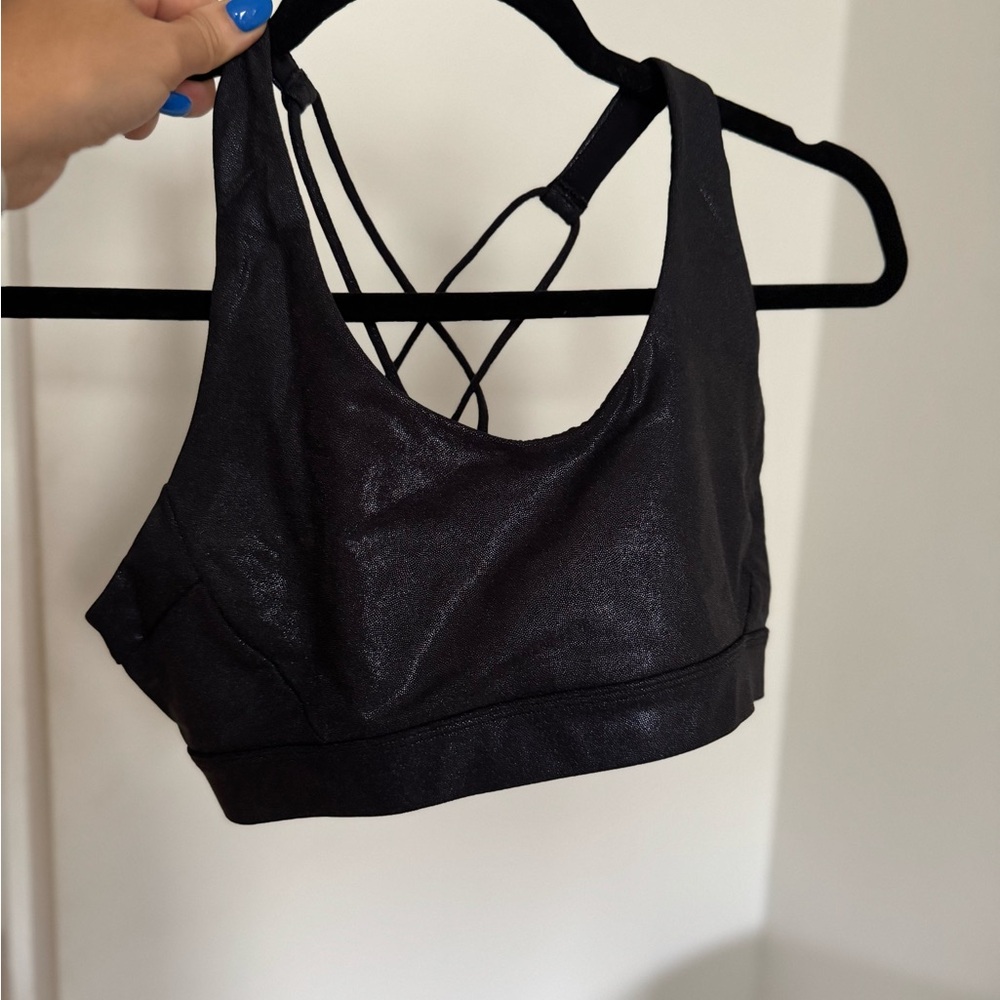 SoulCycle Shimmer blue Black Strappy Sports Bra